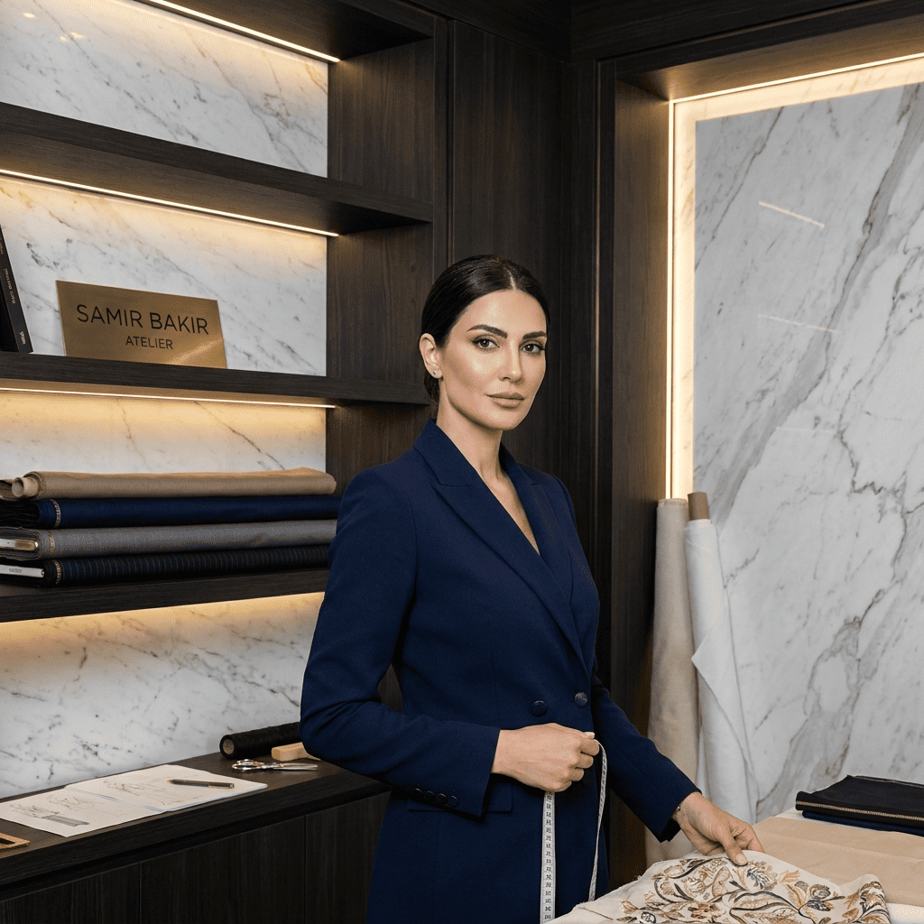 high end professional individual portrait of a female master tailor for a