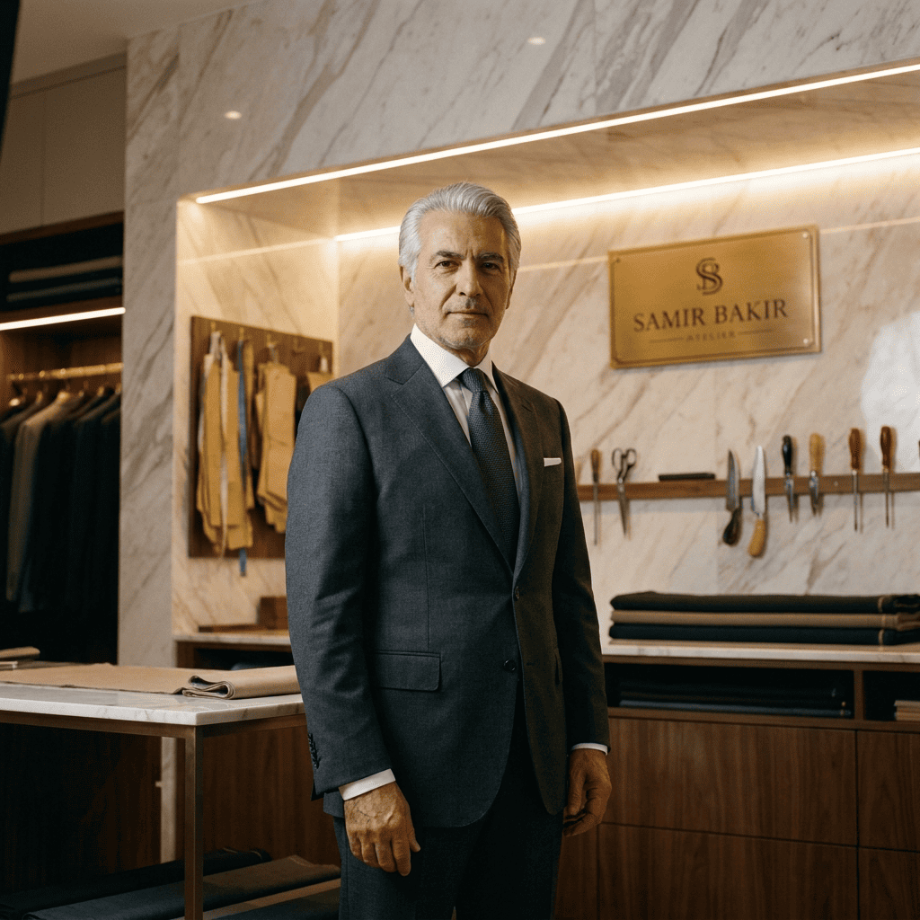 high end professional individual portrait of a senior master tailor for a