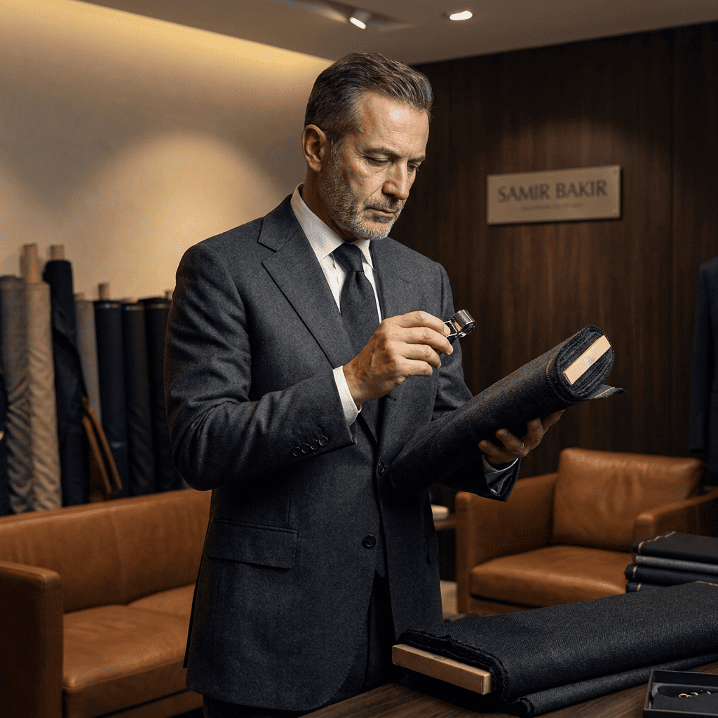 high end professional individual portrait of an expert tailor focused on work.