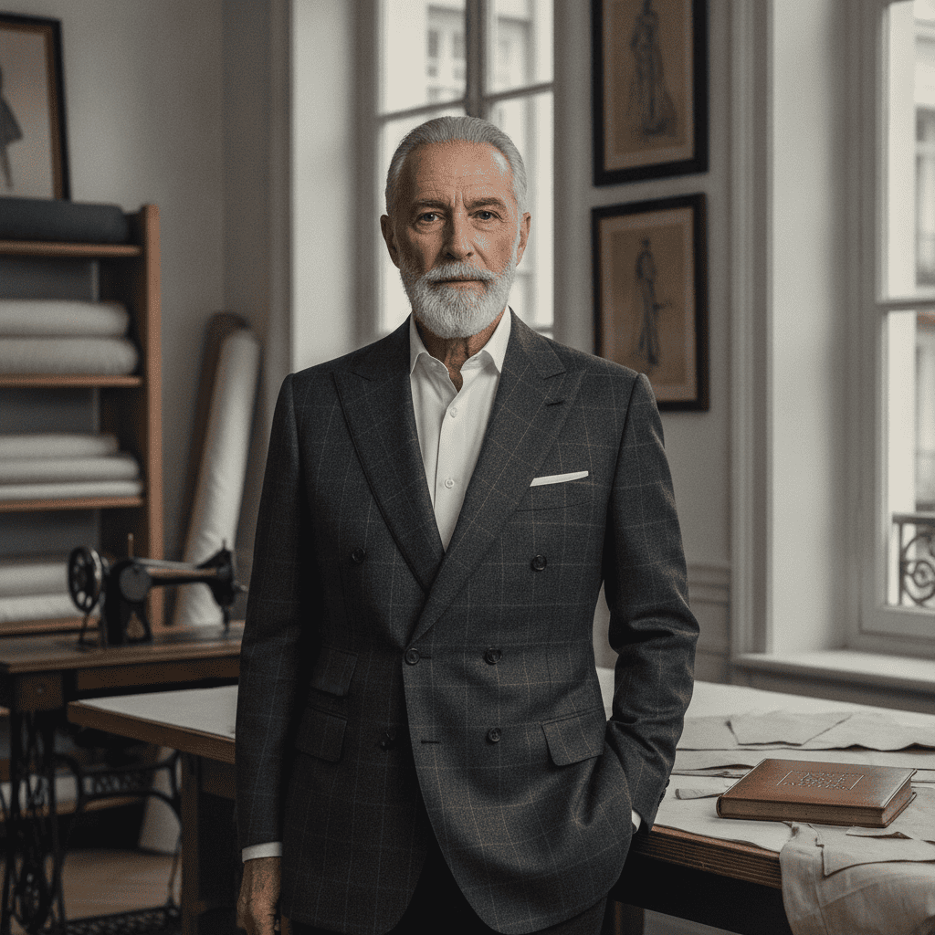 high end professional individual portrait of the senior male master tailor from