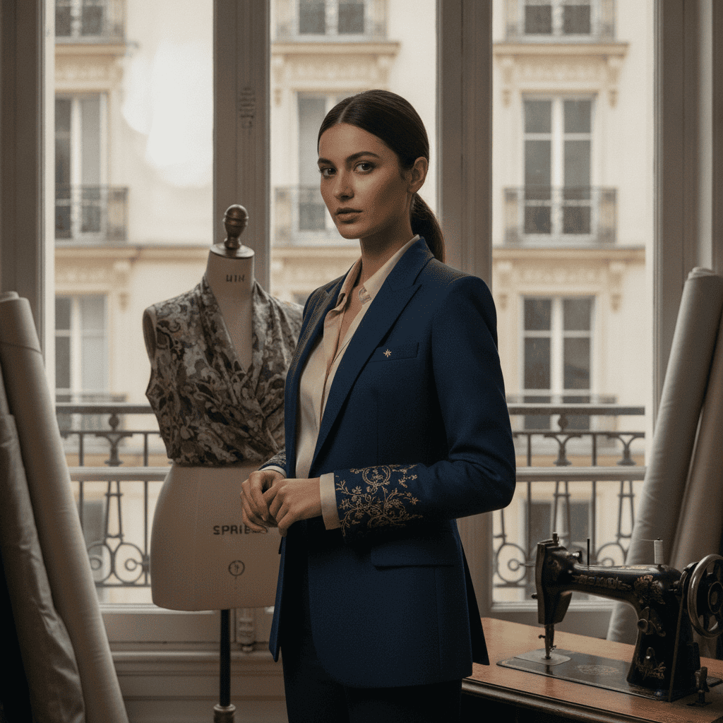high end professional individual portrait of the young female tailor from the